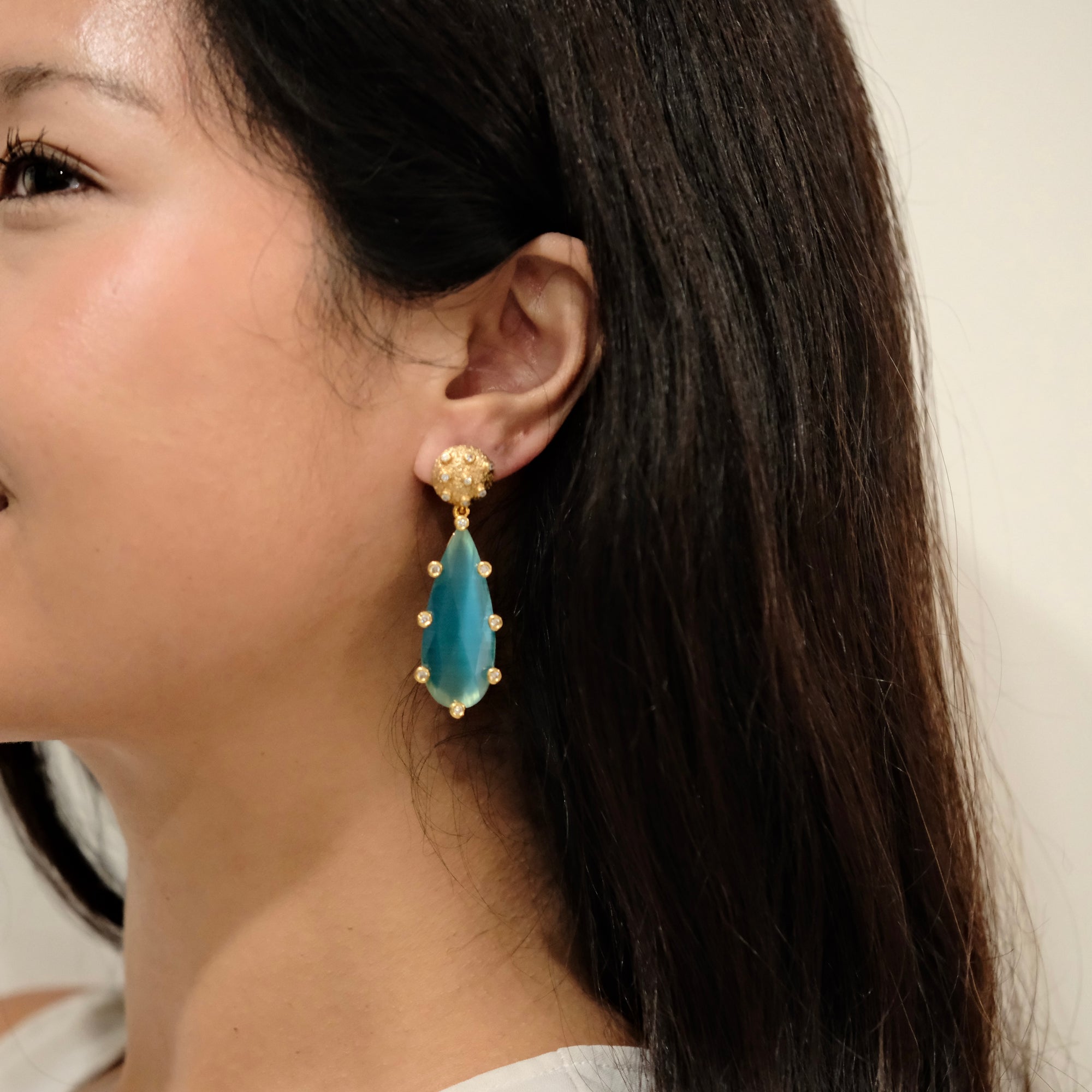 Brass post drop earrings with cat’s eye