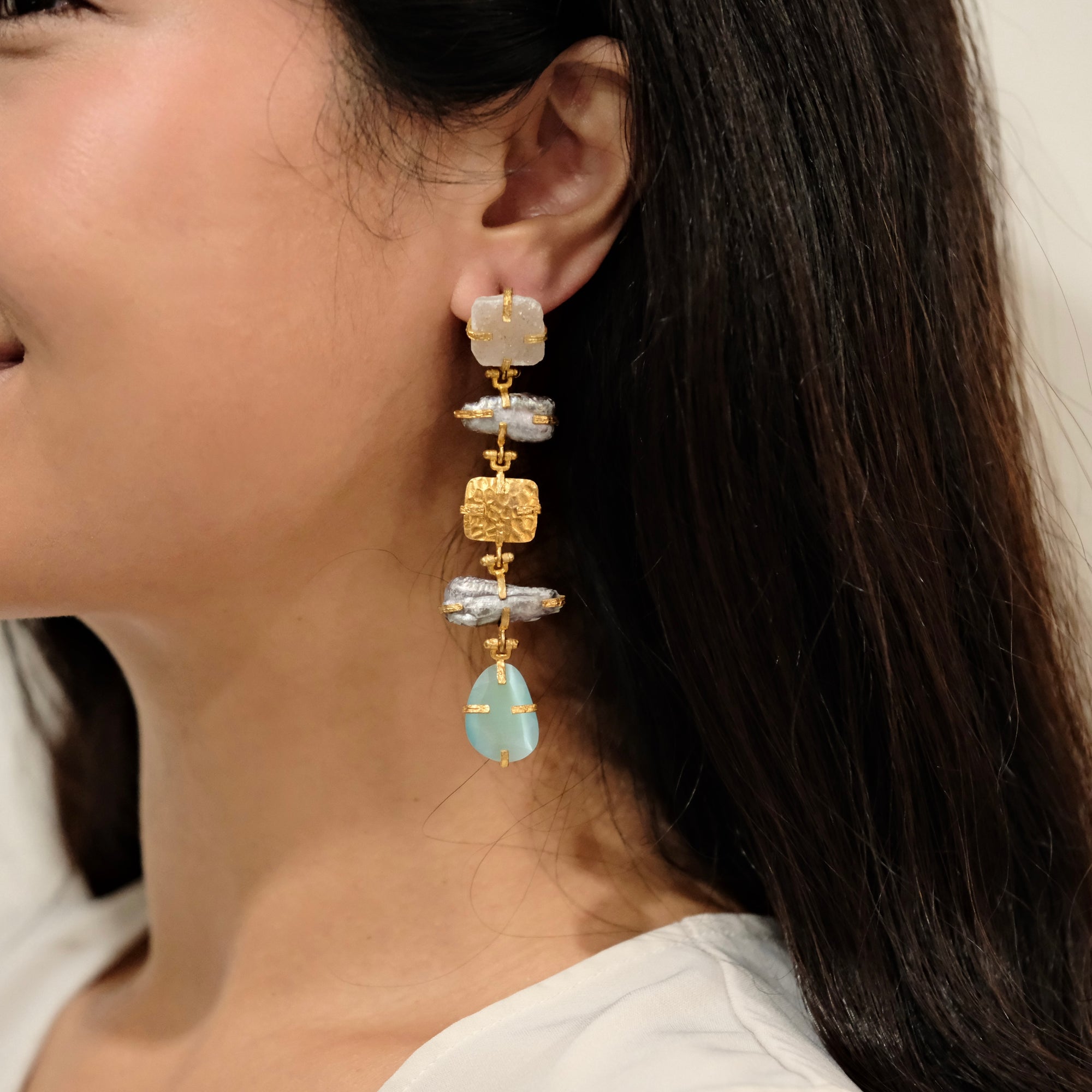 brass post drop earring with druzy