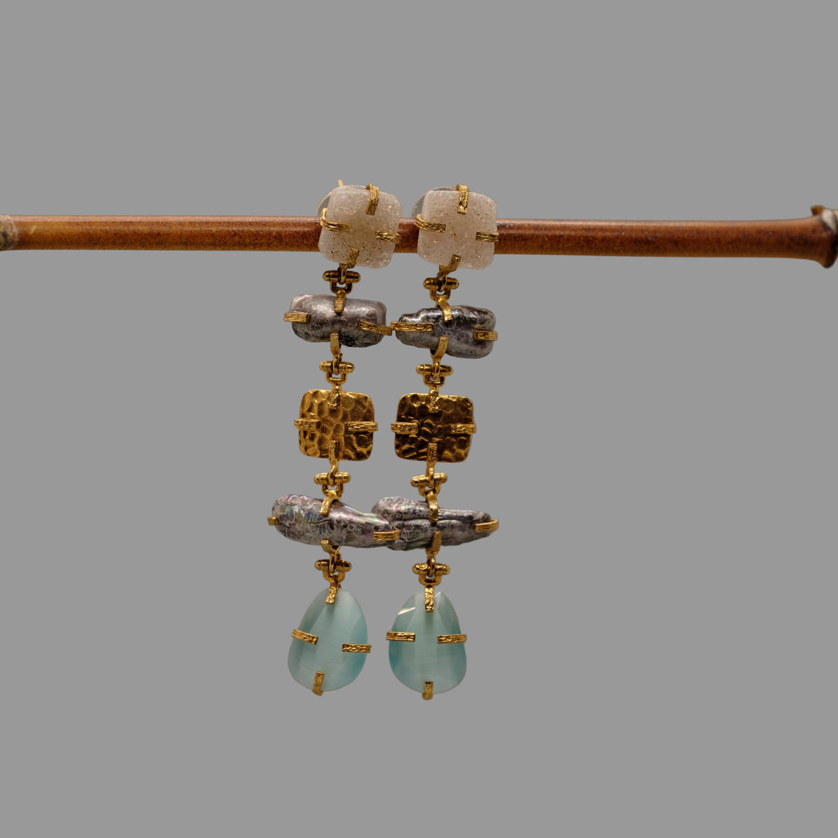 brass post drop earring with druzy