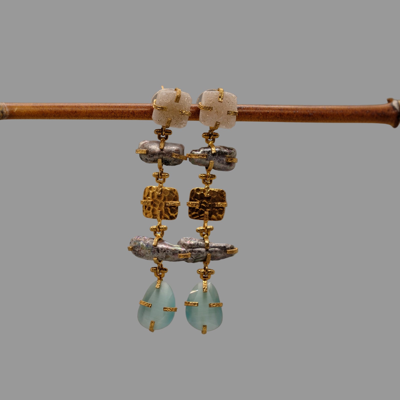 brass post drop earring with druzy