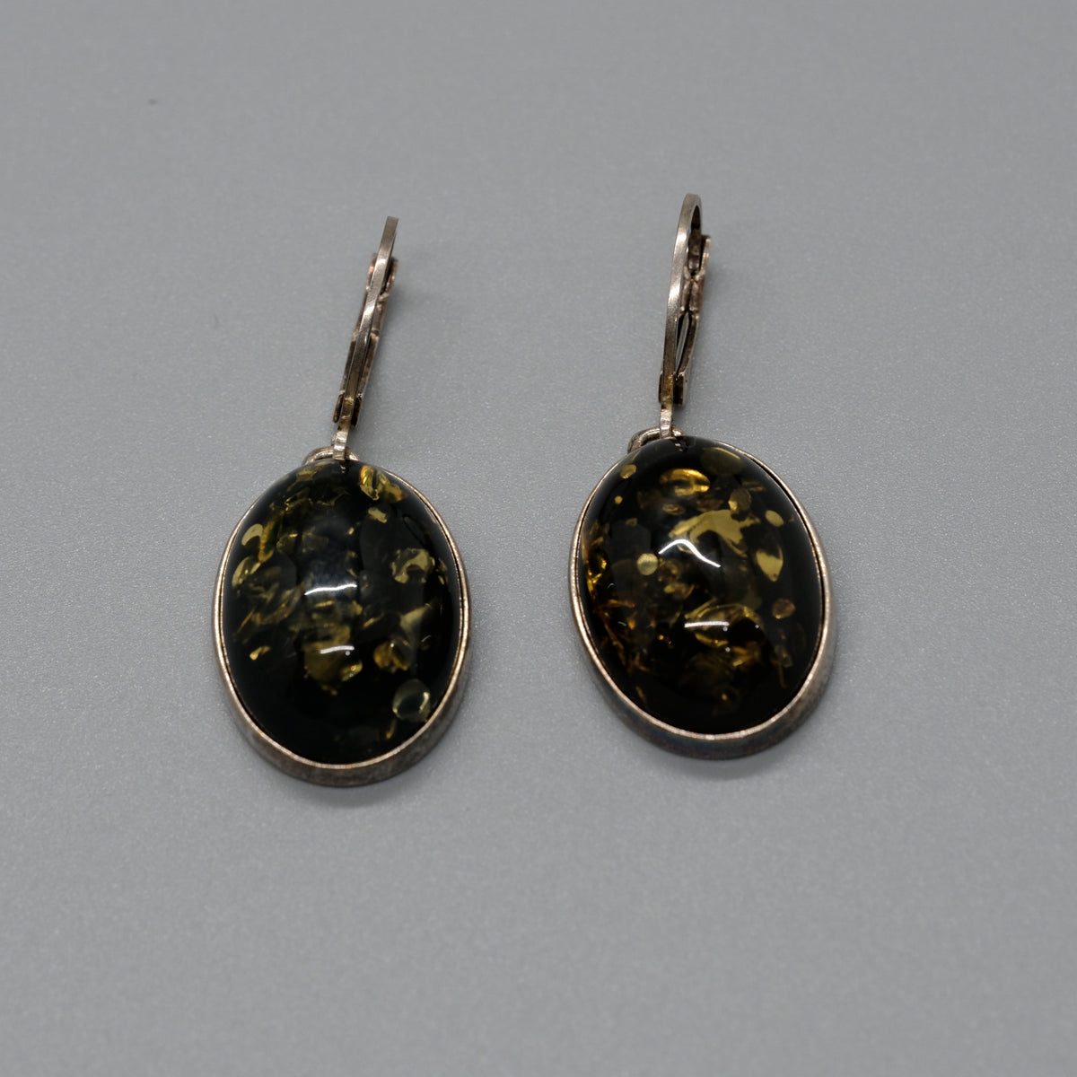 Dark Green Baltic Amber Oval Drop Earrings