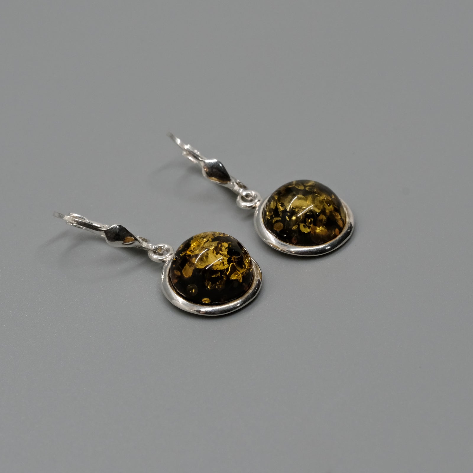 Round Green Amber Drop Earrings