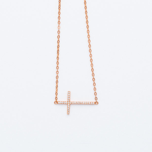 Diamond Sideways Curved Cross Pendant Necklace 14k Rose Gold 1.10ct - AZ3982