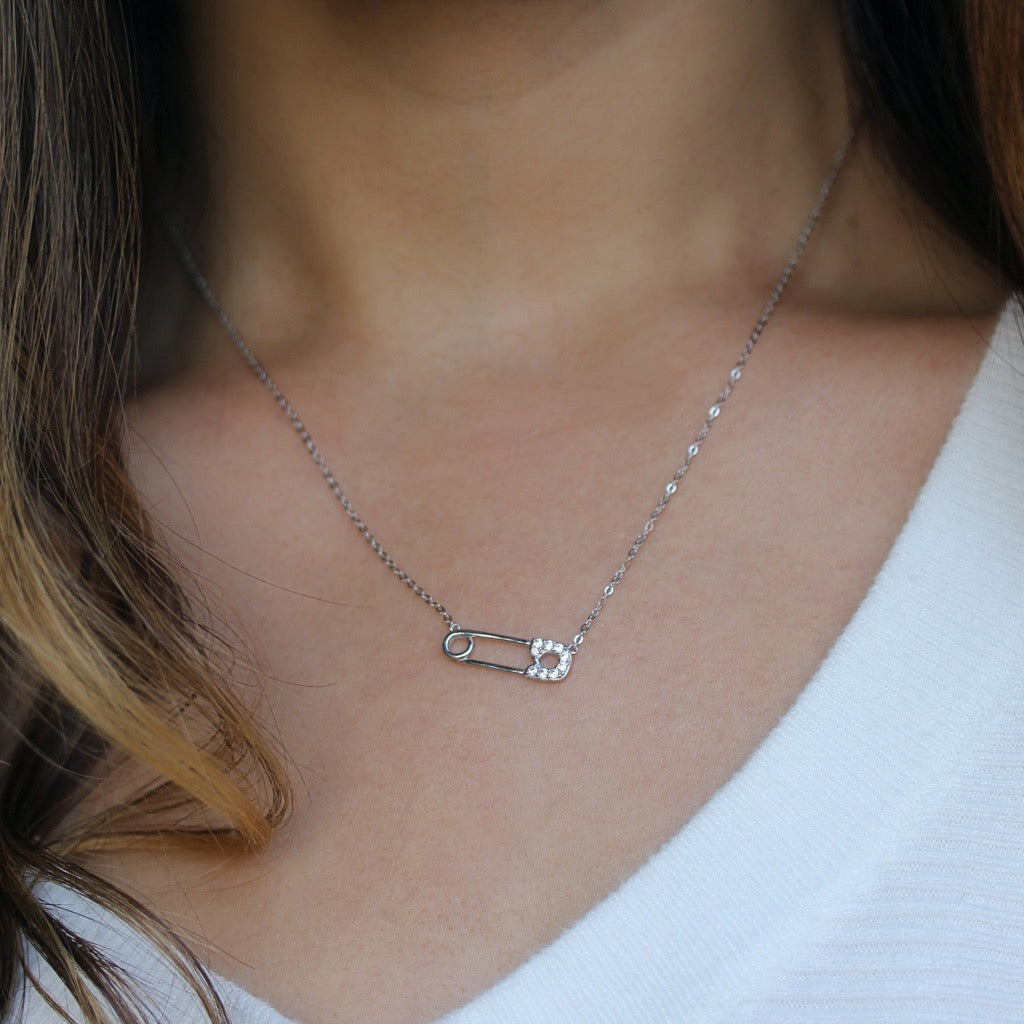 SAFETY PIN front clasp necklace in sterling silver -- wear by