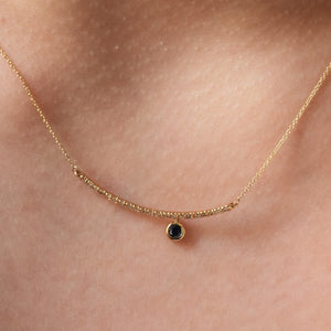 NFC - Pave Curved Bar with Single Sapphire Drop Necklace in Yellow Gold