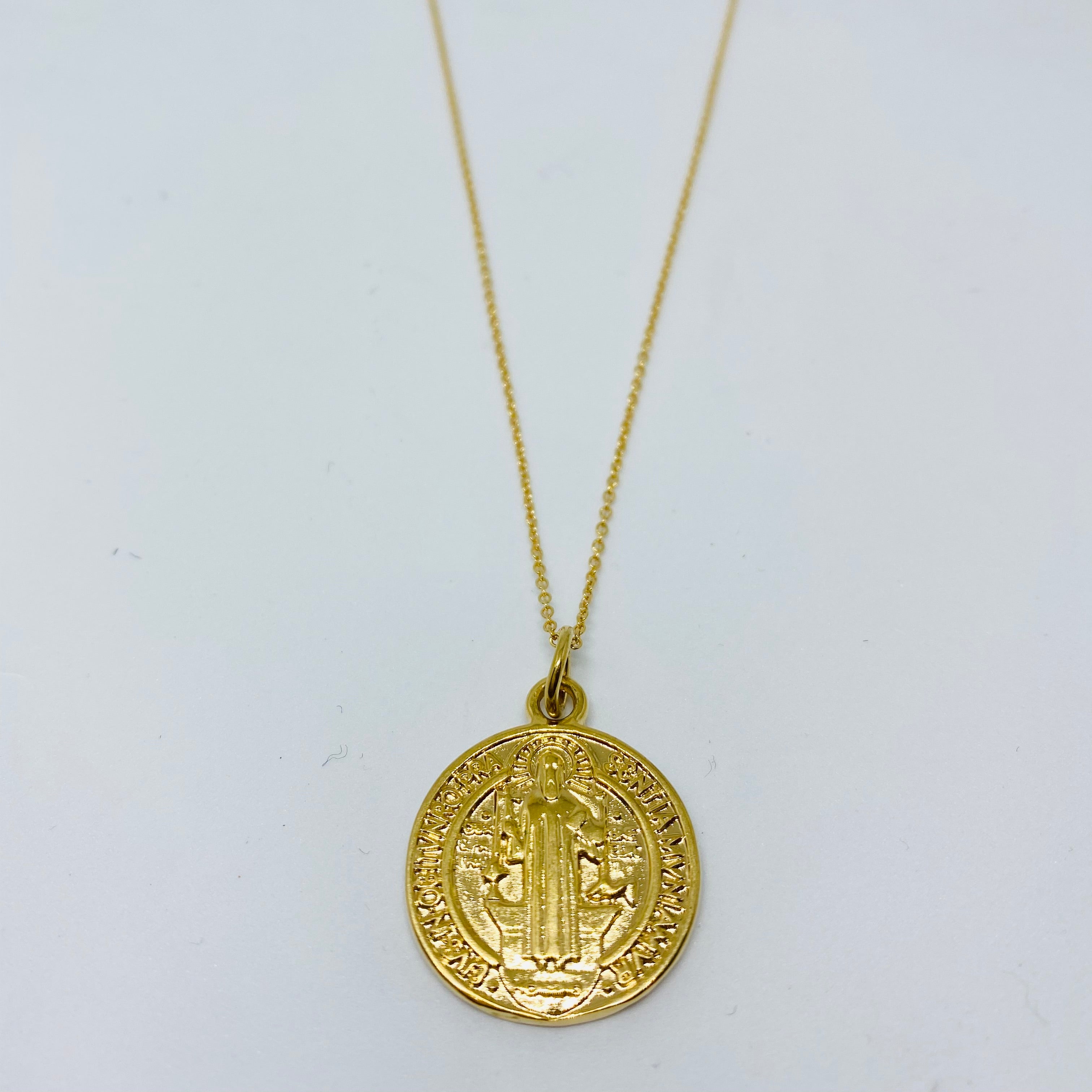 Solid Gold St. Benedict Reversible Medallion Charm Necklace
