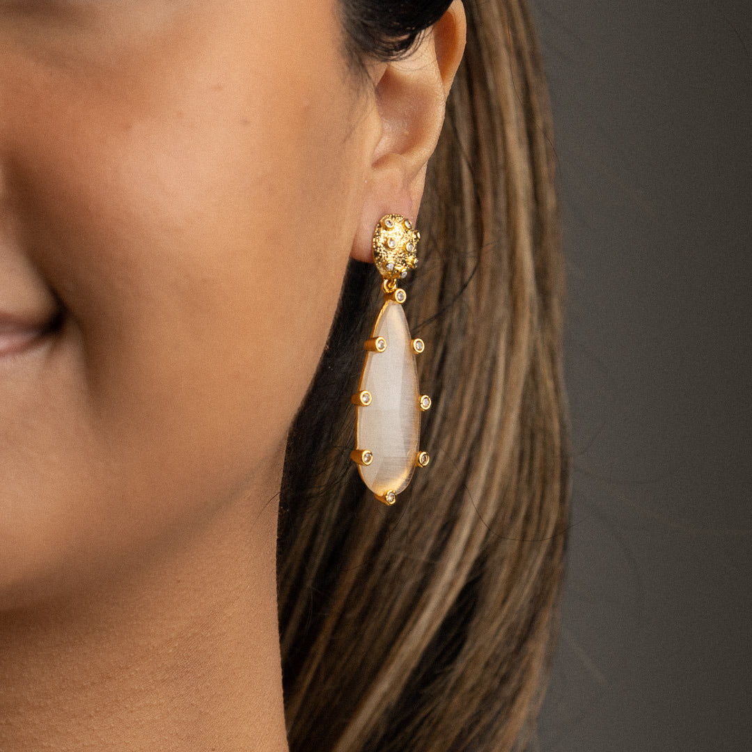 Brass post drop earrings with cat’s eye