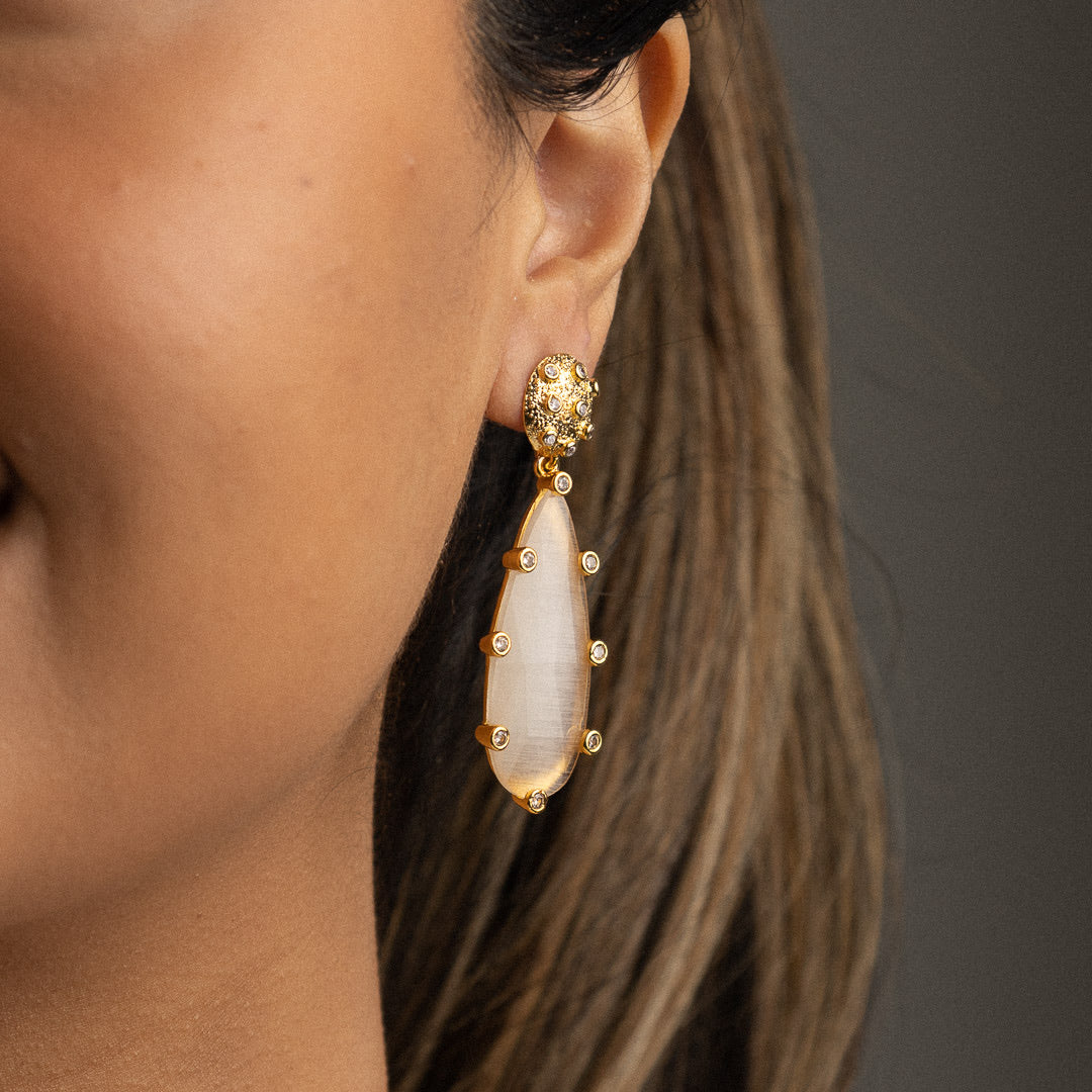 Brass post drop earrings with cat’s eye